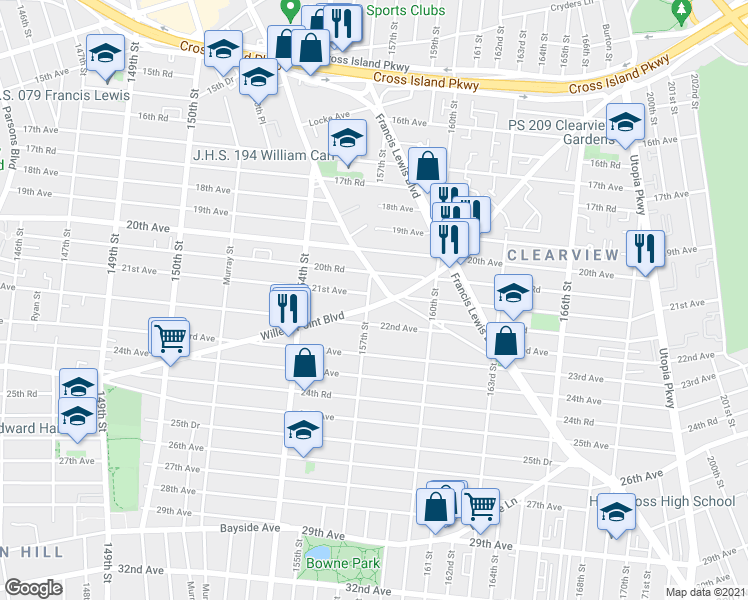map of restaurants, bars, coffee shops, grocery stores, and more near 21-07 157th Street in Queens