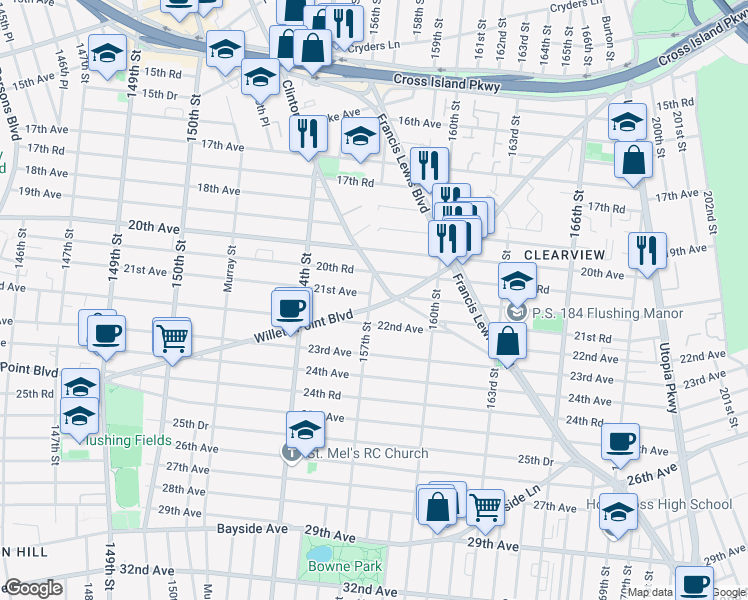map of restaurants, bars, coffee shops, grocery stores, and more near 21-07 157th Street in Queens