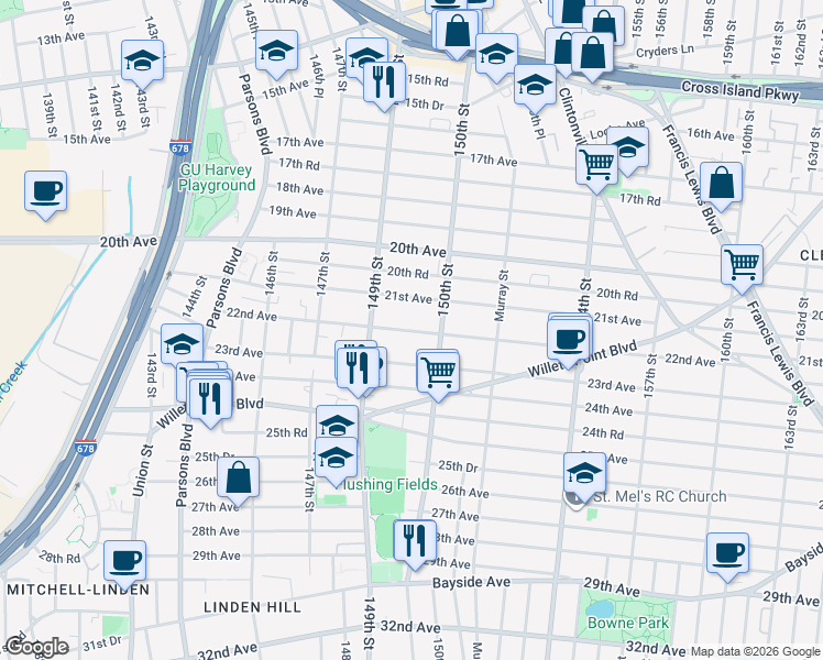 map of restaurants, bars, coffee shops, grocery stores, and more near 21-32 150th Street in Queens
