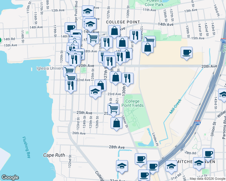 map of restaurants, bars, coffee shops, grocery stores, and more near 22-7 128th Street in Queens