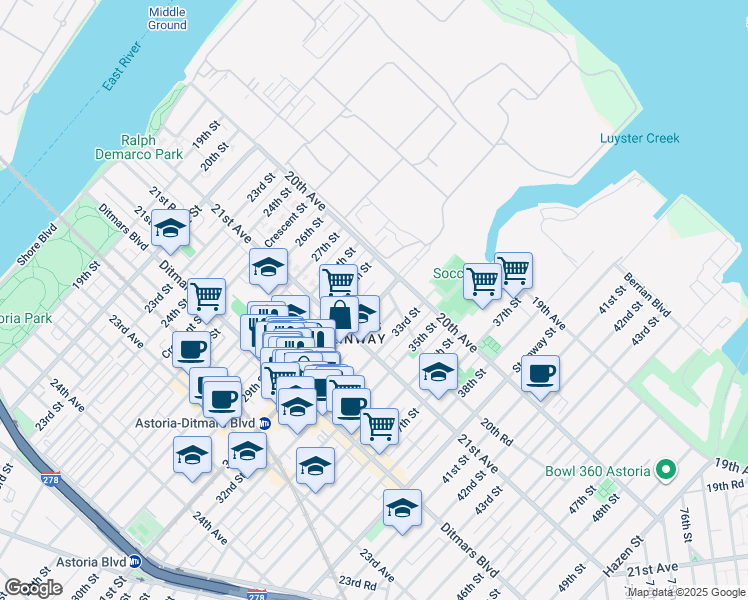 map of restaurants, bars, coffee shops, grocery stores, and more near 21-21 31st Street in Queens