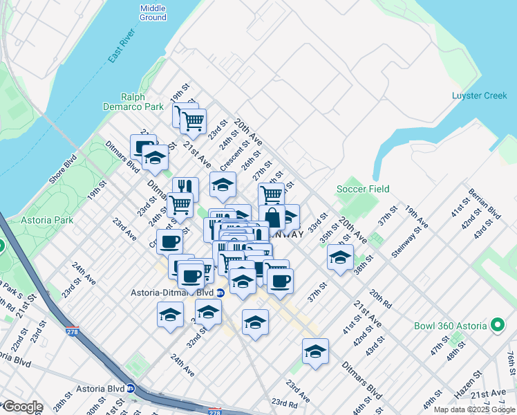 map of restaurants, bars, coffee shops, grocery stores, and more near 21-22 29th Street in Queens
