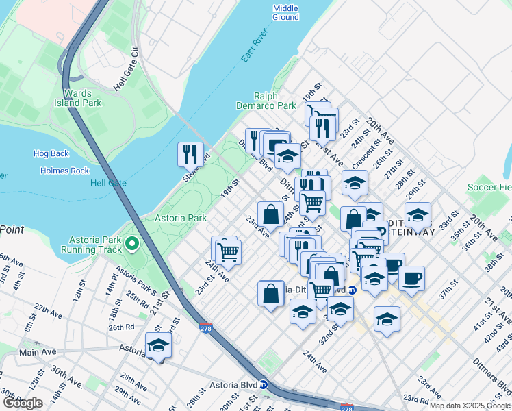 map of restaurants, bars, coffee shops, grocery stores, and more near 22-69 21st Street in Queens