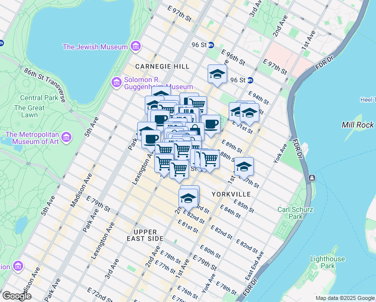 map of restaurants, bars, coffee shops, grocery stores, and more near 1529 3rd Avenue in New York