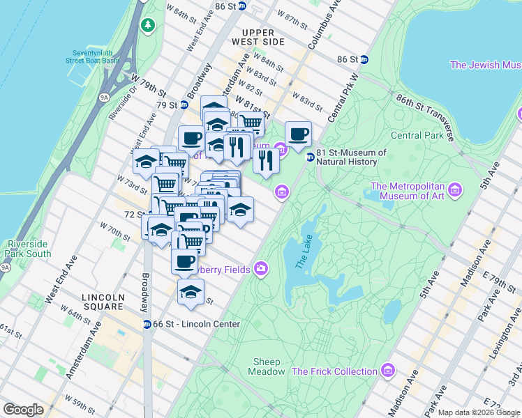 map of restaurants, bars, coffee shops, grocery stores, and more near 22 West 76th Street in New York