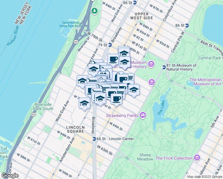 map of restaurants, bars, coffee shops, grocery stores, and more near 155 West 73rd Street in New York