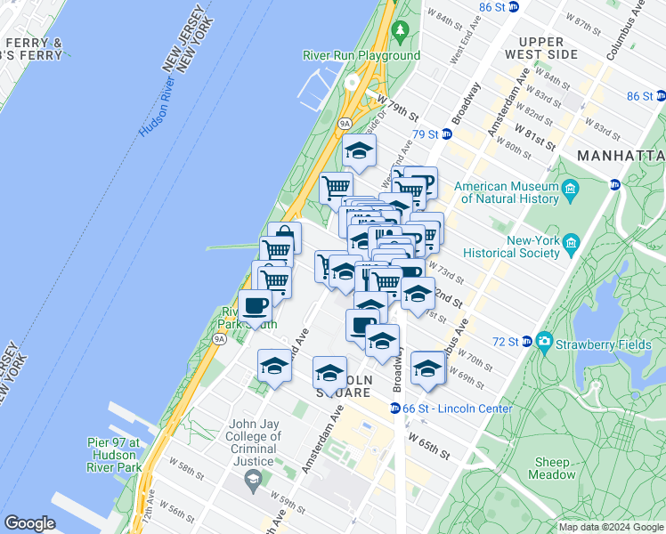 map of restaurants, bars, coffee shops, grocery stores, and more near 315 West 70th Street in New York