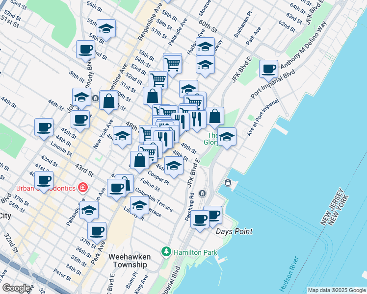 map of restaurants, bars, coffee shops, grocery stores, and more near 29 49th Street in Weehawken