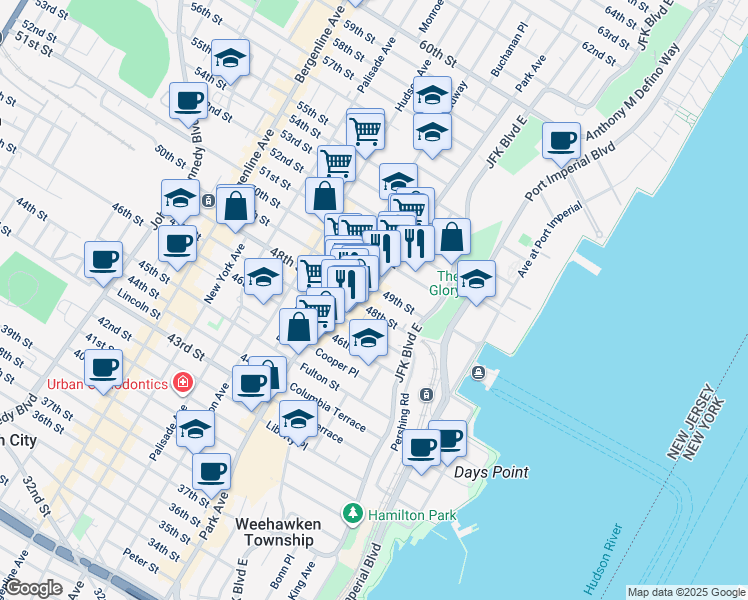 map of restaurants, bars, coffee shops, grocery stores, and more near 29 49th Street in Weehawken
