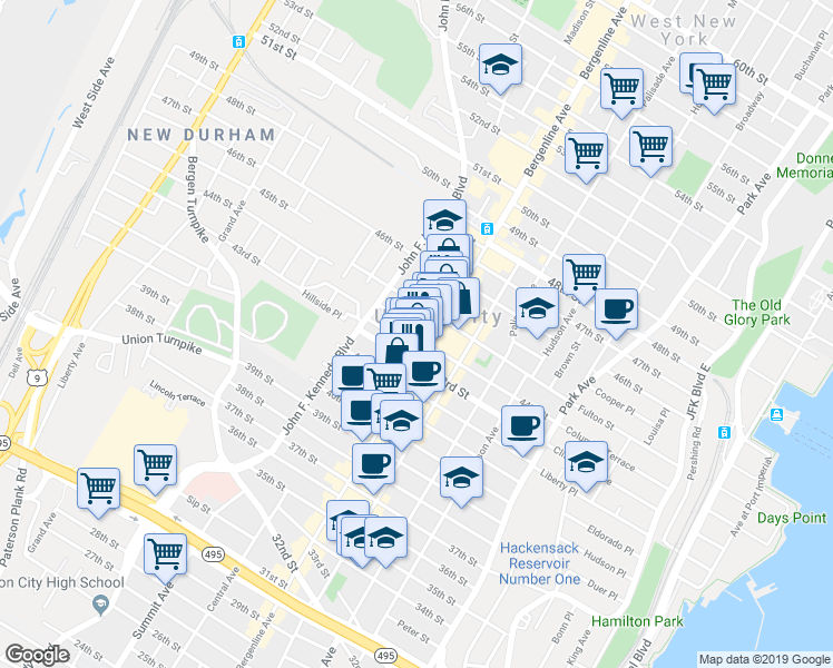 map of restaurants, bars, coffee shops, grocery stores, and more near 516 Lincoln Street in Union City