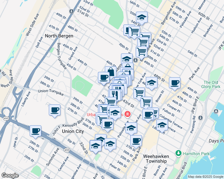 map of restaurants, bars, coffee shops, grocery stores, and more near 516 Lincoln Street in Union City