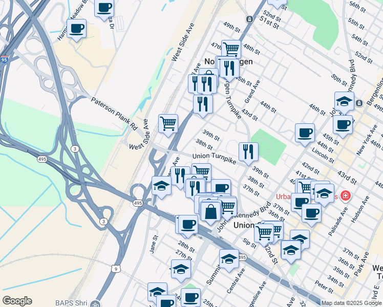 map of restaurants, bars, coffee shops, grocery stores, and more near 1626 Union Turnpike in North Bergen
