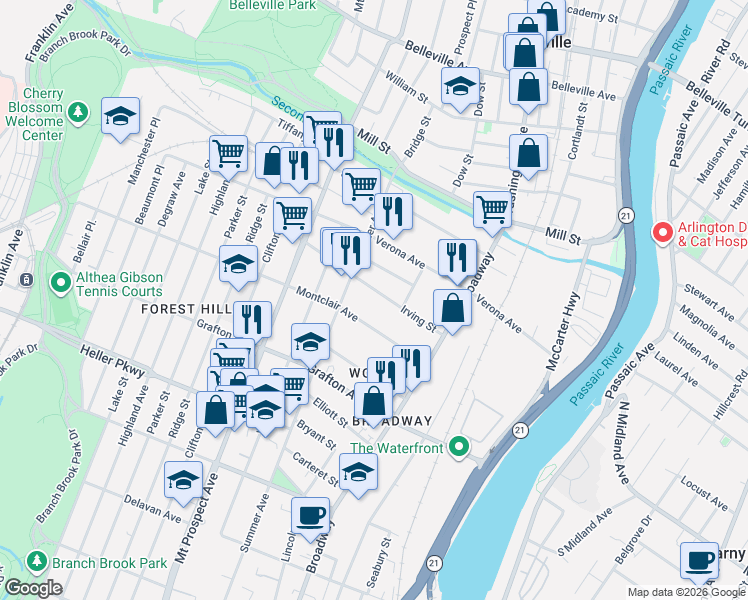 map of restaurants, bars, coffee shops, grocery stores, and more near 68 Irving Street in Newark
