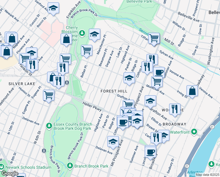 map of restaurants, bars, coffee shops, grocery stores, and more near 265 Grafton Avenue in Newark
