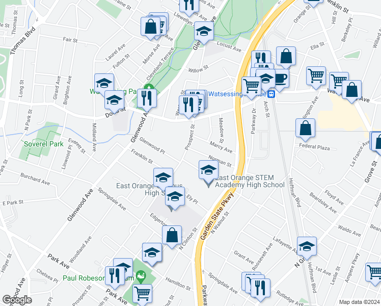 map of restaurants, bars, coffee shops, grocery stores, and more near 135 Norman Street in East Orange