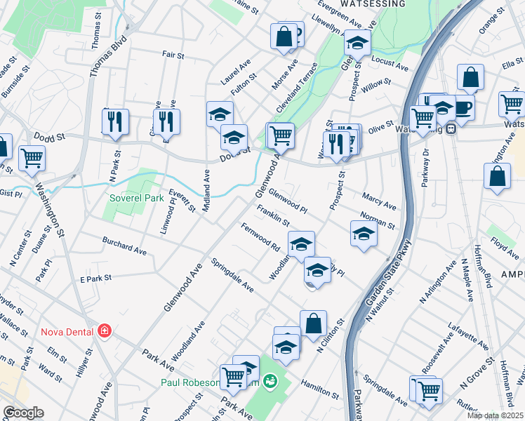map of restaurants, bars, coffee shops, grocery stores, and more near 74 Franklin Street in East Orange