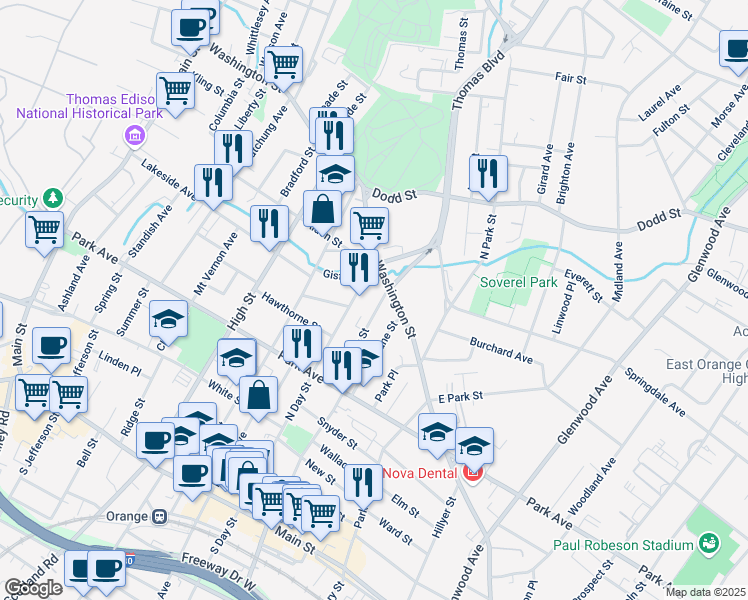 map of restaurants, bars, coffee shops, grocery stores, and more near 274 North Day Street in City of Orange