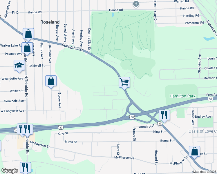 map of restaurants, bars, coffee shops, grocery stores, and more near 673 Armstrong Street in Mansfield