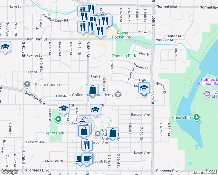 map of restaurants, bars, coffee shops, grocery stores, and more near 3401 Glenhaven Place in Lincoln