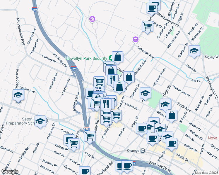 map of restaurants, bars, coffee shops, grocery stores, and more near 31 White Street in West Orange