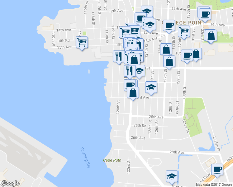 map of restaurants, bars, coffee shops, grocery stores, and more near 22-40 120th Street in Queens