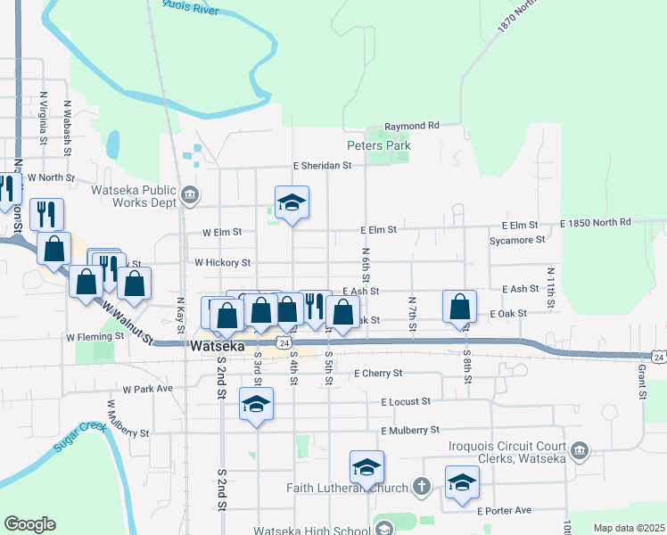 map of restaurants, bars, coffee shops, grocery stores, and more near 315 East Hickory Street in Watseka