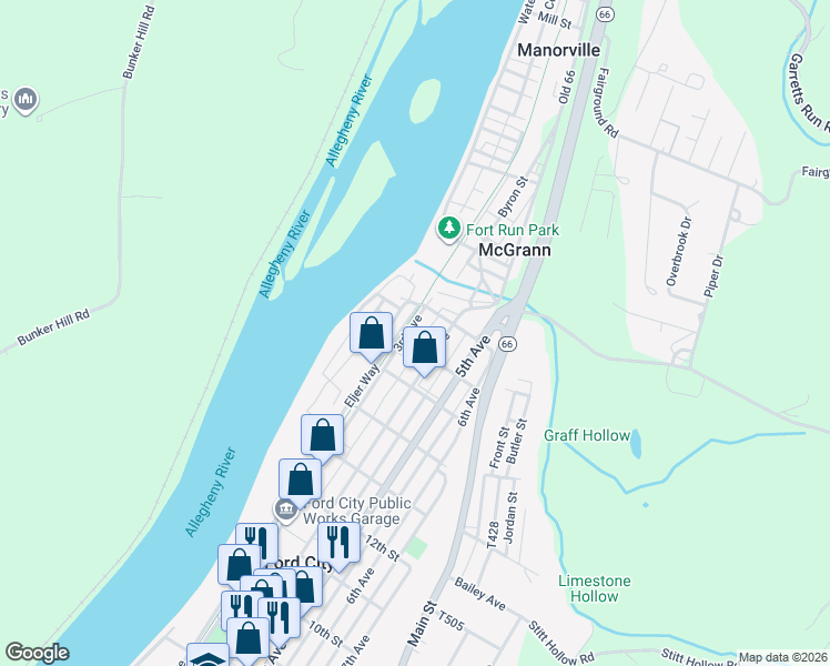map of restaurants, bars, coffee shops, grocery stores, and more near 1606 3rd Avenue in Ford City
