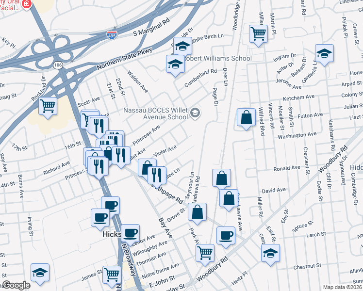 map of restaurants, bars, coffee shops, grocery stores, and more near 28 Violet Avenue in Hicksville