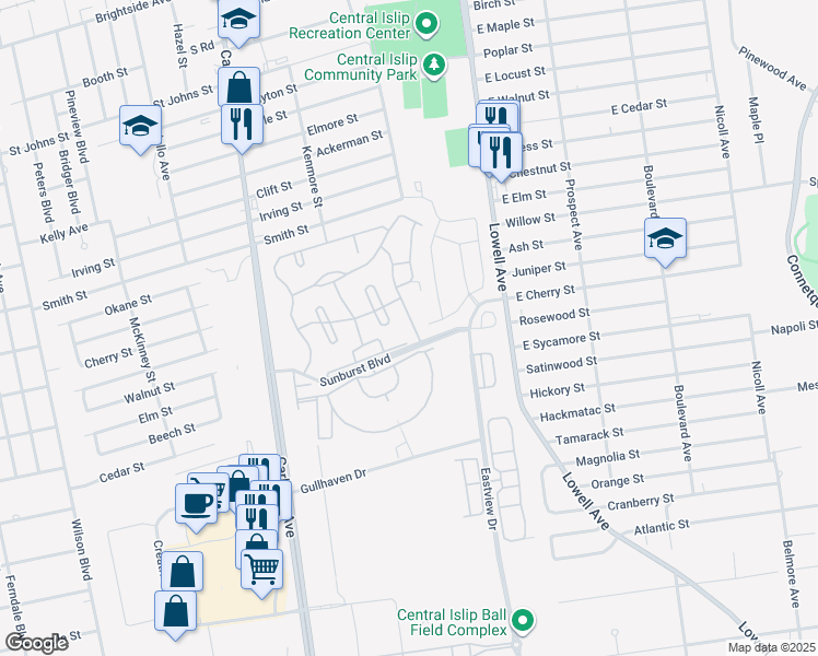 map of restaurants, bars, coffee shops, grocery stores, and more near 14 Fairlawn Dr in Central Islip