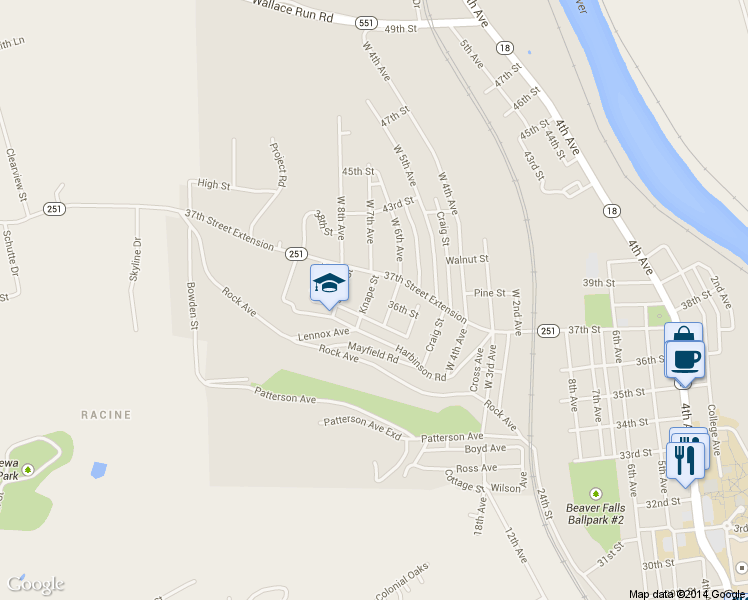 map of restaurants, bars, coffee shops, grocery stores, and more near 3617 Matilda Street in Beaver Falls