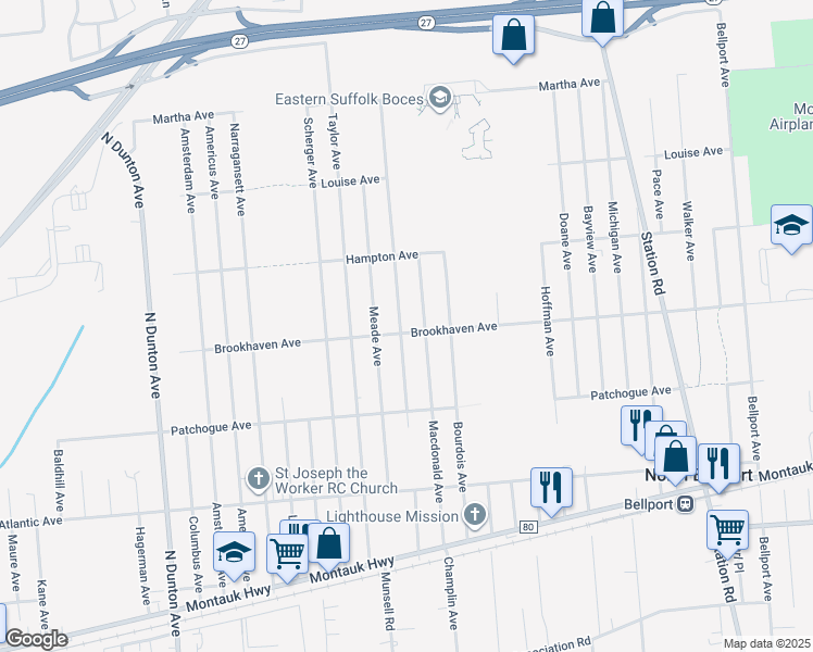 map of restaurants, bars, coffee shops, grocery stores, and more near 710 Provost Avenue in Bellport
