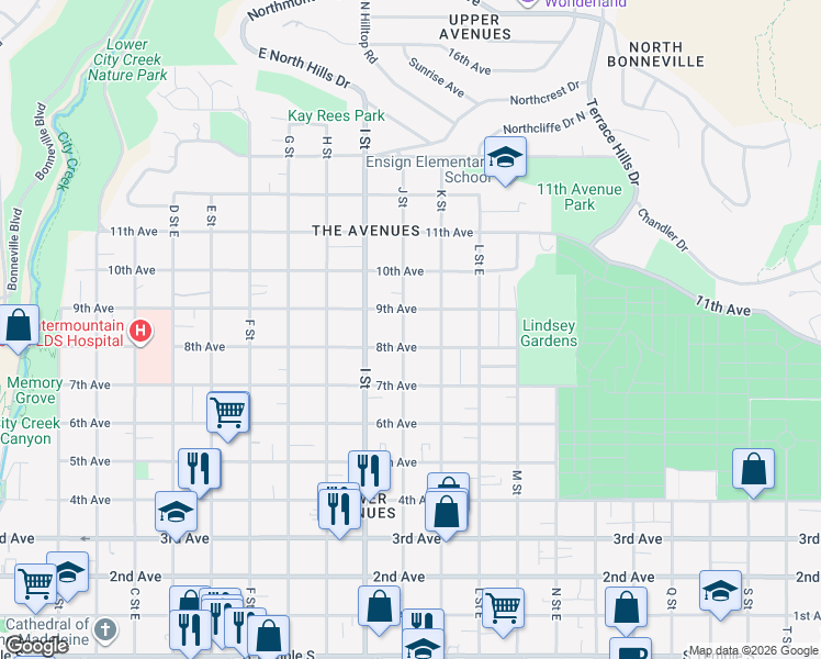 map of restaurants, bars, coffee shops, grocery stores, and more near 424 J Street in Salt Lake City