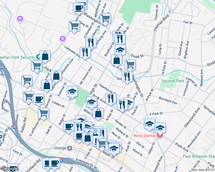 map of restaurants, bars, coffee shops, grocery stores, and more near 243 Cleveland Street in City of Orange