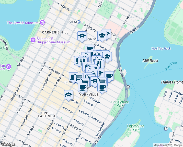 map of restaurants, bars, coffee shops, grocery stores, and more near 352 East 89th Street in New York
