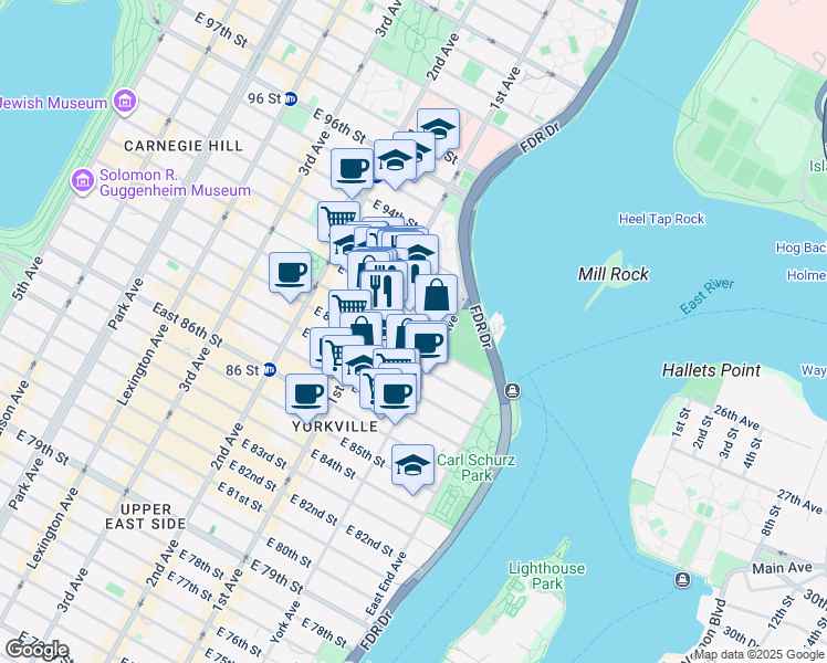 map of restaurants, bars, coffee shops, grocery stores, and more near 423 East 90th Street in New York