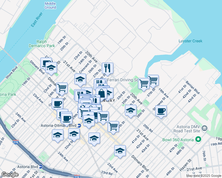 map of restaurants, bars, coffee shops, grocery stores, and more near 21-21 31st Street in Queens