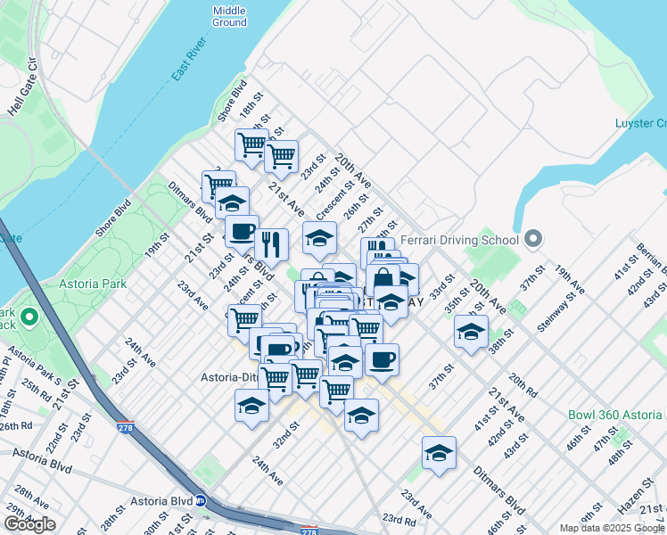 map of restaurants, bars, coffee shops, grocery stores, and more near 21-19 27th Street in Queens