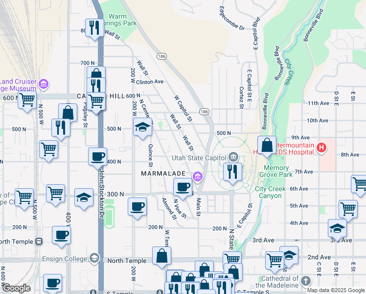 map of restaurants, bars, coffee shops, grocery stores, and more near 420 Main Street in Salt Lake City