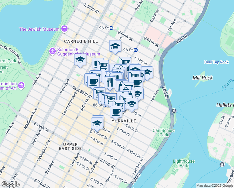 map of restaurants, bars, coffee shops, grocery stores, and more near 311 East 88th Street in New York
