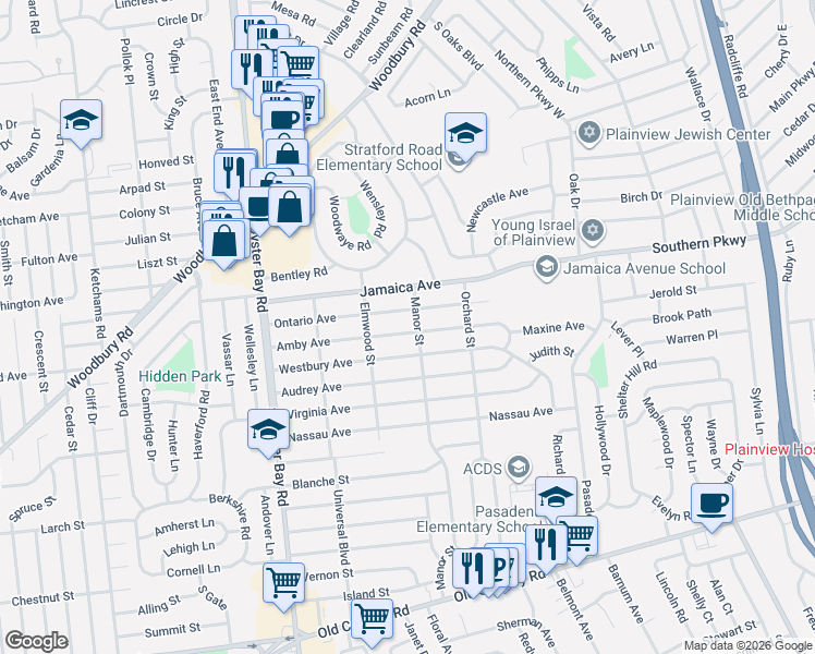 map of restaurants, bars, coffee shops, grocery stores, and more near 46 Amby Avenue in Plainview