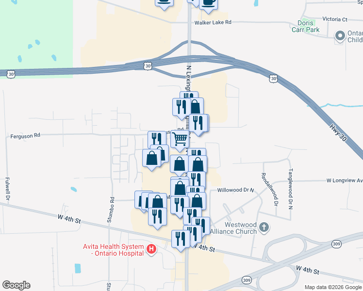 map of restaurants, bars, coffee shops, grocery stores, and more near 979 North Lexington-Springmill Road in Ontario