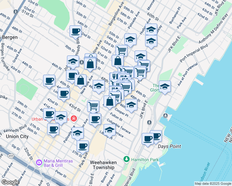 map of restaurants, bars, coffee shops, grocery stores, and more near 116 47th Street in Union City