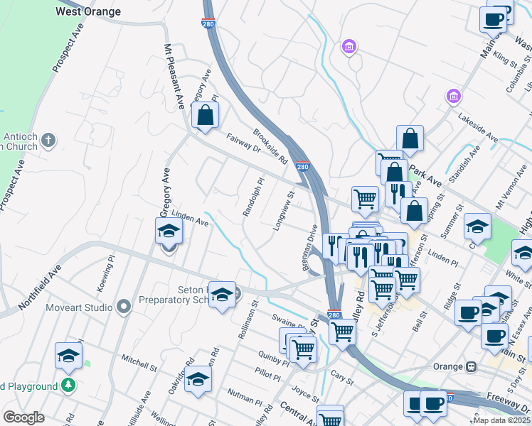 map of restaurants, bars, coffee shops, grocery stores, and more near 46 Mountain View Street in West Orange