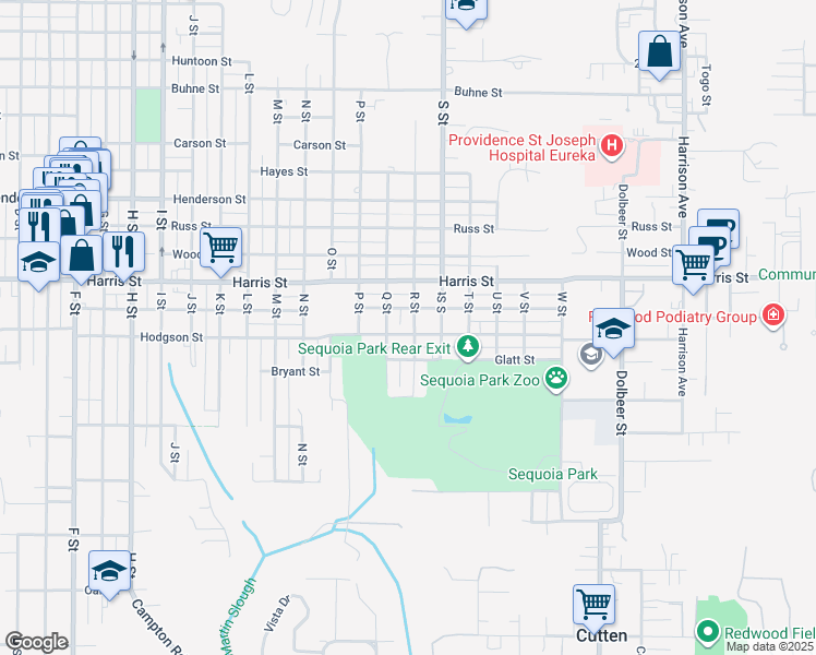 map of restaurants, bars, coffee shops, grocery stores, and more near 3232 R Street in Eureka
