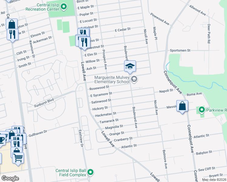 map of restaurants, bars, coffee shops, grocery stores, and more near 23 East Sycamore Street in Central Islip