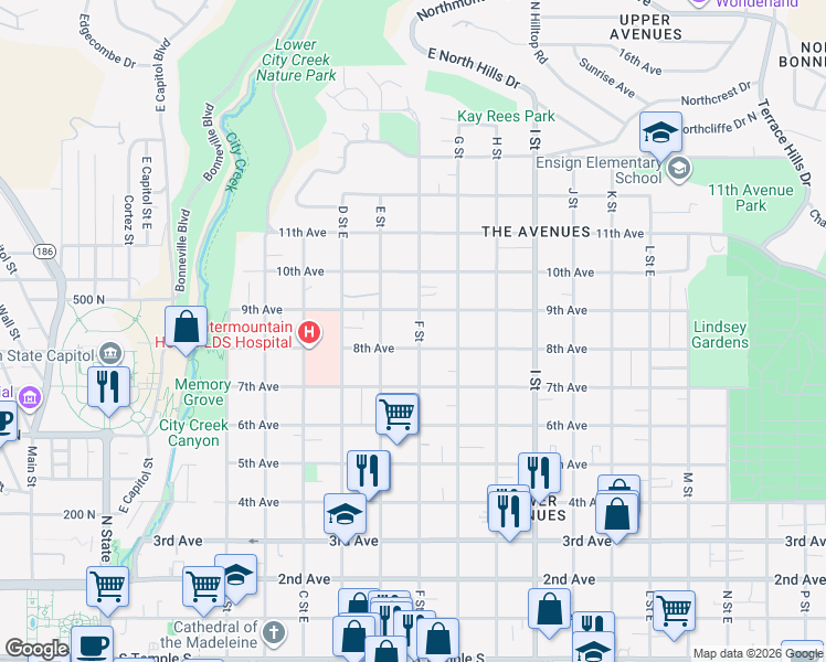map of restaurants, bars, coffee shops, grocery stores, and more near 416 F Street East in Salt Lake City