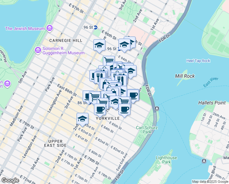 map of restaurants, bars, coffee shops, grocery stores, and more near 352 East 89th Street in New York