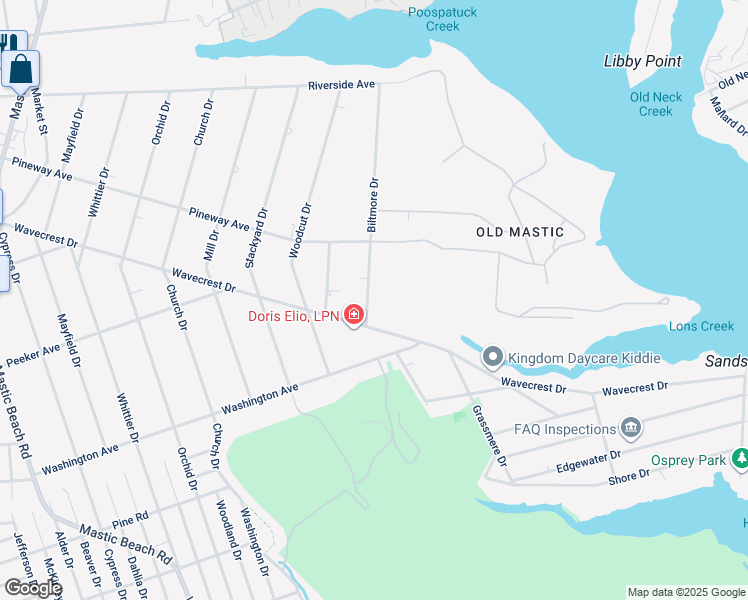 map of restaurants, bars, coffee shops, grocery stores, and more near 7 Biltmore Drive in Mastic Beach