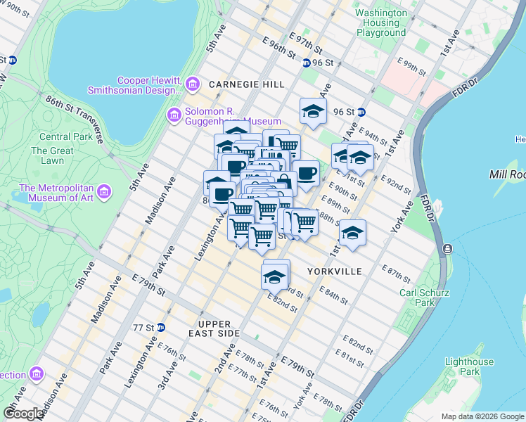map of restaurants, bars, coffee shops, grocery stores, and more near 201 East 86th Street in New York