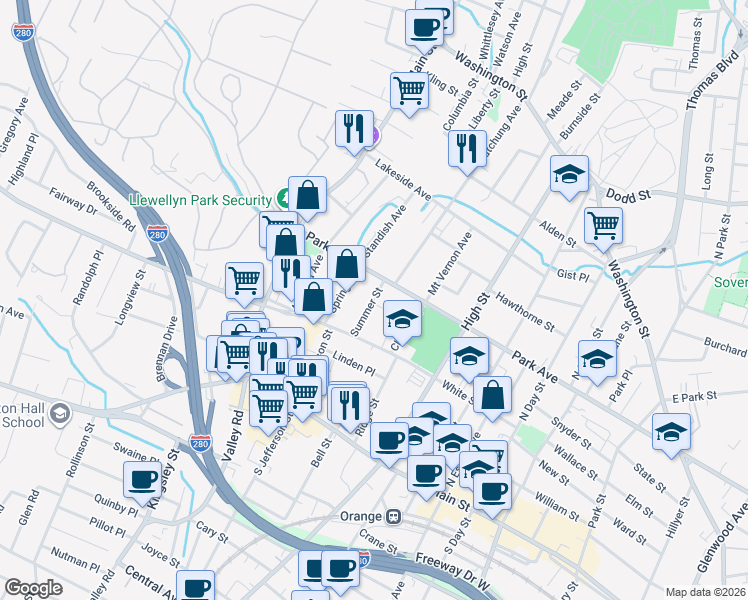 map of restaurants, bars, coffee shops, grocery stores, and more near 166 Summer Street in City of Orange